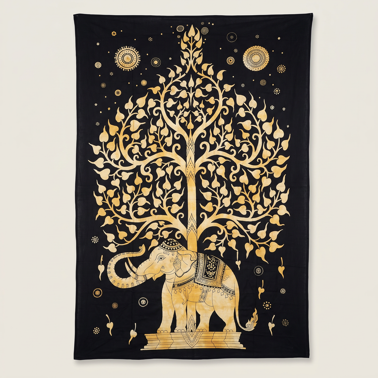 Tree of Life Elephant Cotton Tapestry – Black & Gold Wall Hanging