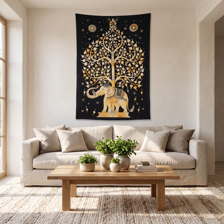 Tree of Life Elephant Cotton Tapestry – Black & Gold Wall Hanging
