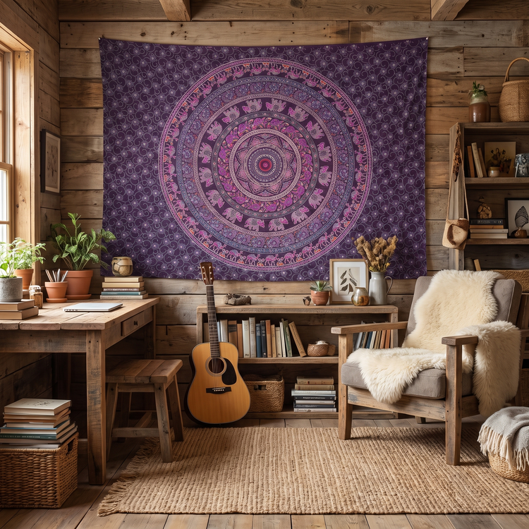Elephant & Camel Mandala Hand Block Printed Cotton Tapestry – Plum & Pink