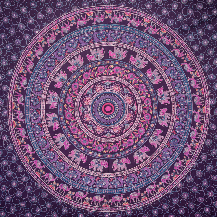 Elephant & Camel Mandala Hand Block Printed Cotton Tapestry – Plum & Pink
