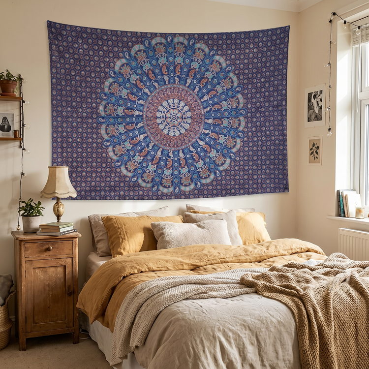 Elephant & Peacock Mandala Hand Block Printed Cotton Tapestry – Sapphire & Rust