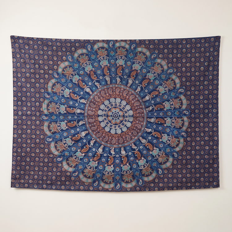 Elephant & Peacock Mandala Hand Block Printed Cotton Tapestry – Sapphire & Rust