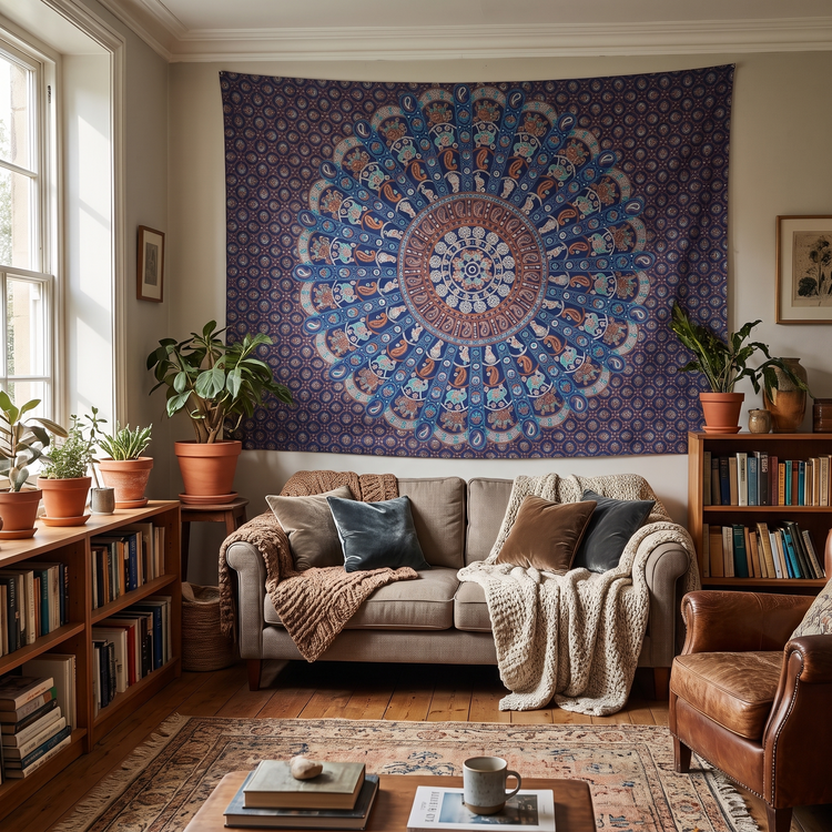 Elephant & Peacock Mandala Hand Block Printed Cotton Tapestry – Sapphire & Rust