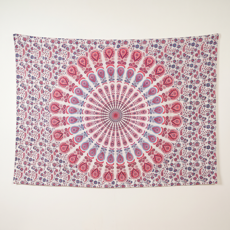 Peacock Fan Mandala Hand Block Printed Cotton Tapestry – Ivory & Coral