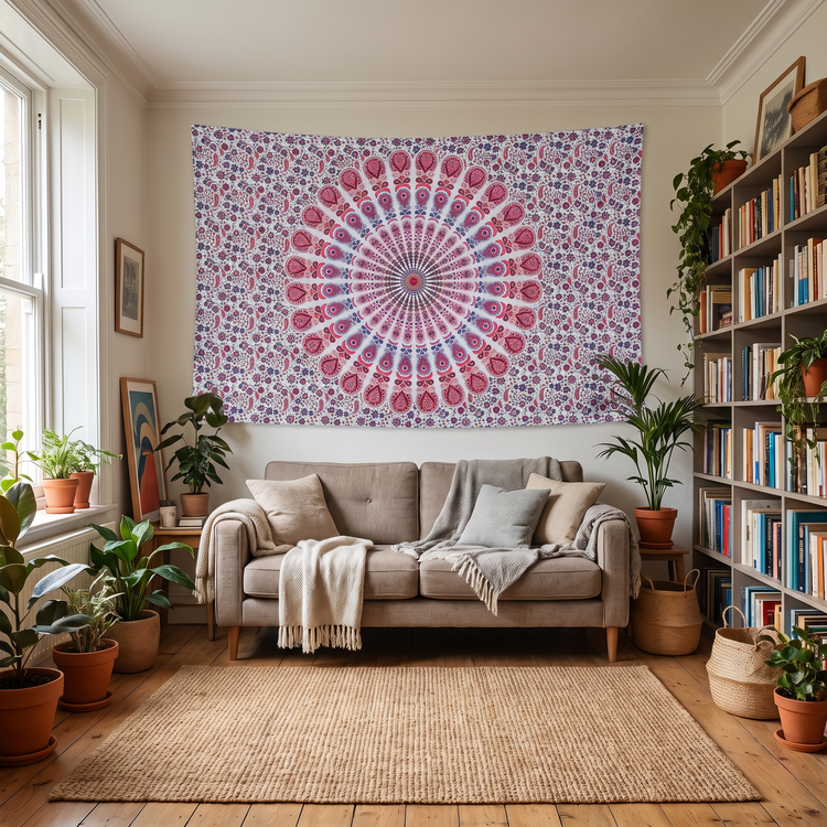 Peacock Fan Mandala Hand Block Printed Cotton Tapestry – Ivory & Coral