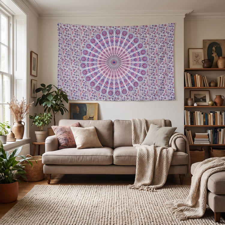 Peacock Fan Mandala Hand Block Printed Cotton Tapestry – Ivory & Coral