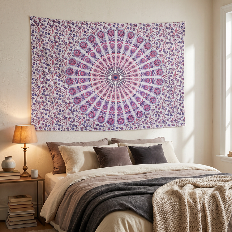 Peacock Fan Mandala Hand Block Printed Cotton Tapestry – Ivory & Coral